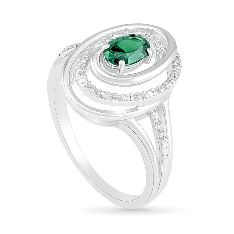Oval Emerald and 0.07 CT. T.W. Natural Diamond Beaded Open Swirl Frame Triple Row Split Shank Ring in Sterling Silver