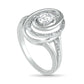 Oval White Lab-Created Sapphire and 0.07 CT. T.W. Diamond Swirl Frame Triple Row Split Shank Ring in Sterling Silver