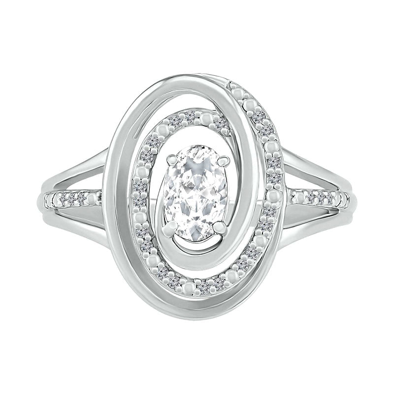 Oval White Lab-Created Sapphire and 0.07 CT. T.W. Diamond Swirl Frame Triple Row Split Shank Ring in Sterling Silver