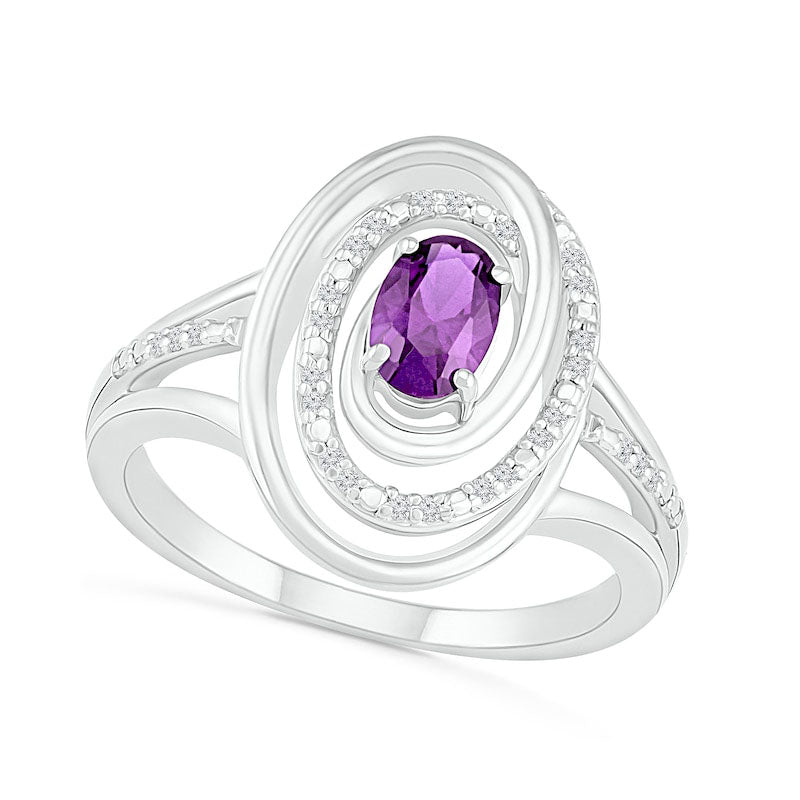Oval Amethyst and 0.07 CT. T.W. Natural Diamond Beaded Open Swirl Frame Triple Row Split Shank Ring in Sterling Silver