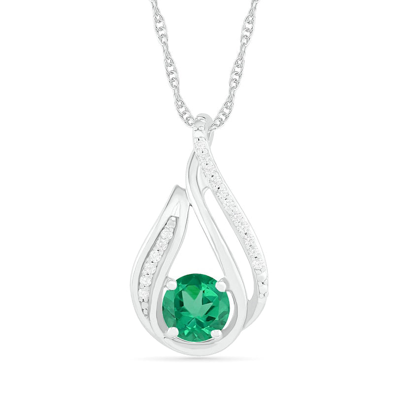 6.0mm Lab-Created Emerald and 0.07 CT. T.W. Diamond Beaded Open Flame Pendant in Sterling Silver