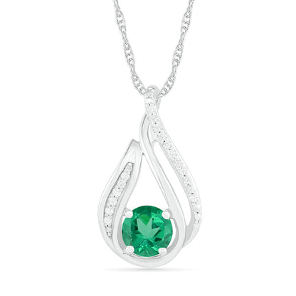 6.0mm Lab-Created Emerald and 0.07 CT. T.W. Diamond Beaded Open Flame Pendant in Sterling Silver