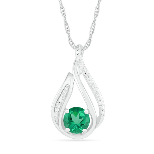 6.0mm Lab-Created Emerald and 0.07 CT. T.W. Diamond Beaded Open Flame Pendant in Sterling Silver