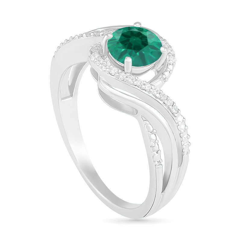 6.0mm Lab-Created Emerald and 0.07 CT. T.W. Diamond Beaded Triple Row Bypass Twist Shank Ring in Sterling Silver