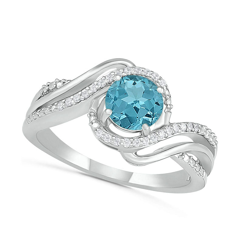 6.0mm Aquamarine and 0.07 CT. T.W. Natural Diamond Beaded Triple Row Bypass Twist Shank Ring in Sterling Silver