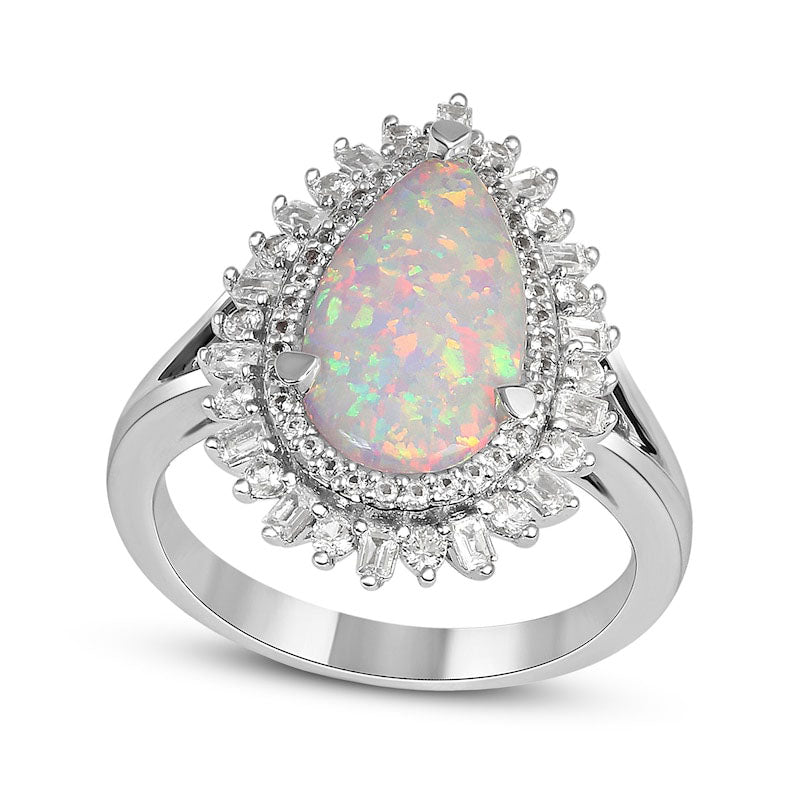 Pear-Shaped Lab-Created Opal and White Lab-Created Sapphire Double Shadow Frame Split Shank Ring in Sterling Silver