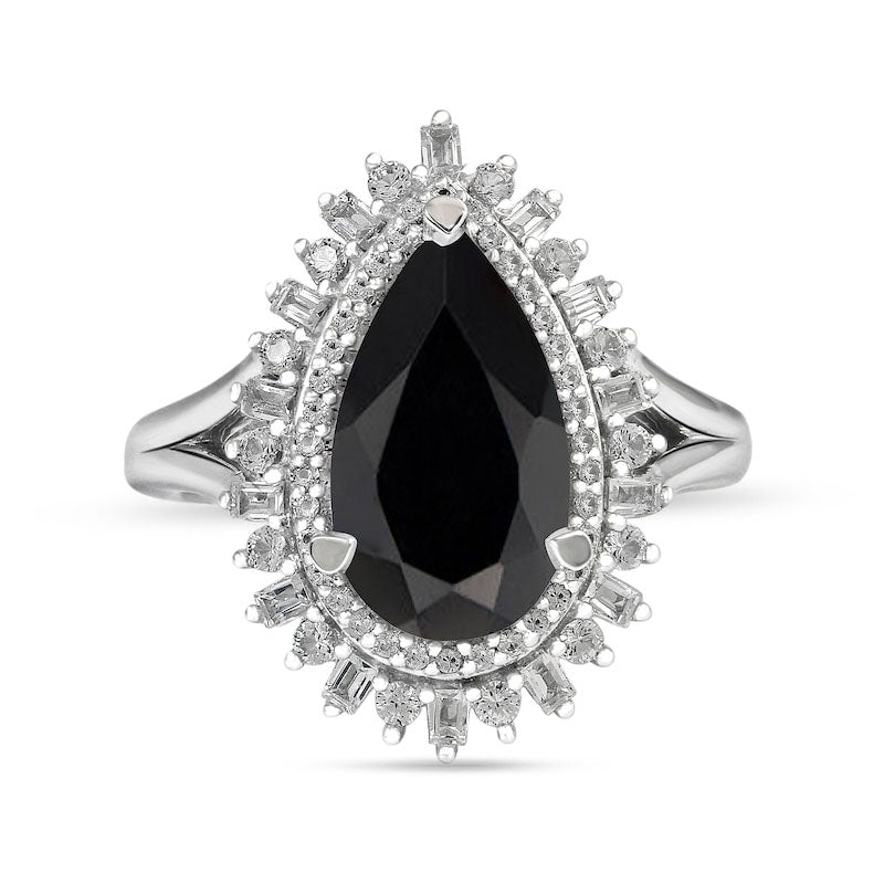 Pear-Shaped Onyx and White Lab-Created Sapphire Double Shadow Frame Split Shank Ring in Sterling Silver