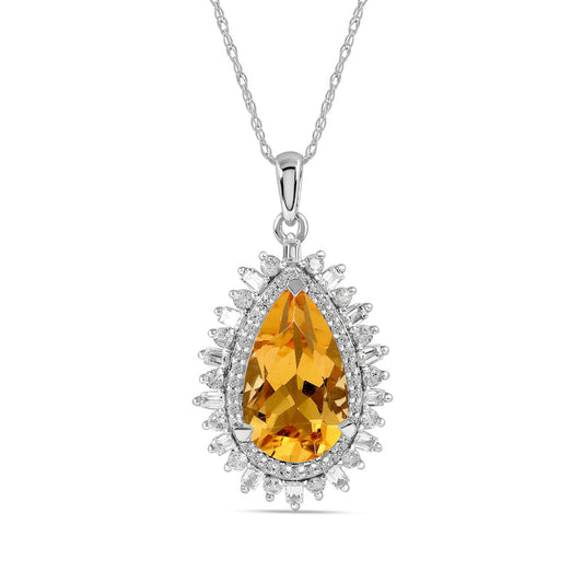 Pear-Shaped Citrine and White Lab-Created Sapphire Double Shadow Frame Drop Pendant in Sterling Silver