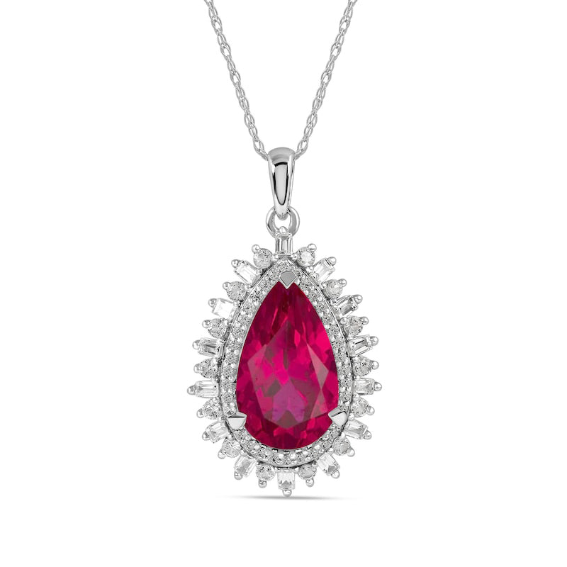 Pear-Shaped Lab-Created Ruby and White Sapphire Double Shadow Frame Drop Pendant in Sterling Silver