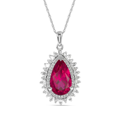 Pear-Shaped Lab-Created Ruby and White Sapphire Double Shadow Frame Drop Pendant in Sterling Silver