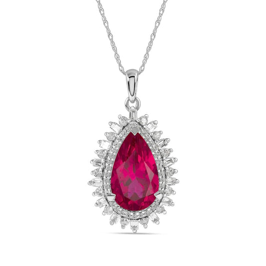 Pear-Shaped Lab-Created Ruby and White Sapphire Double Shadow Frame Drop Pendant in Sterling Silver