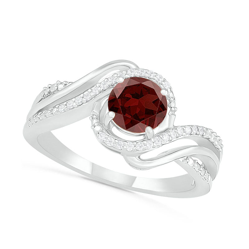 6.0mm Garnet and 0.07 CT. T.W. Natural Diamond Beaded Triple Row Bypass Twist Shank Ring in Sterling Silver