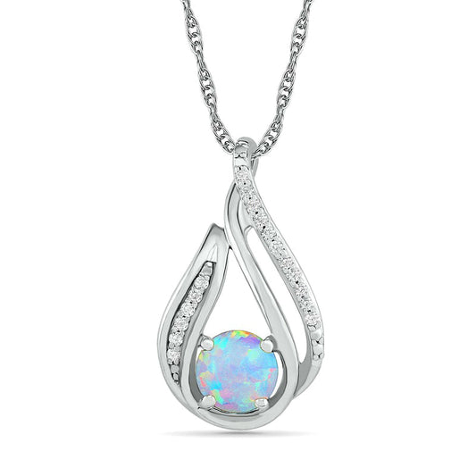 6.0mm Lab-Created Opal and 0.07 CT. T.W. Diamond Beaded Open Flame Pendant in Sterling Silver