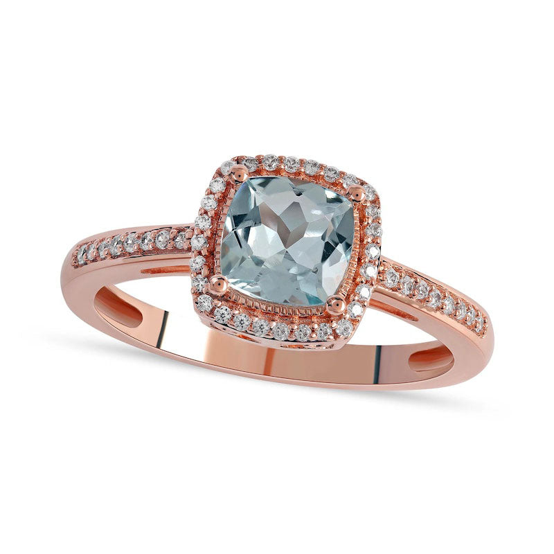 6.0mm Cushion-Cut Aquamarine and 0.10 CT. T.W. Natural Diamond Frame Scrollwork Gallery Antique Vintage-Style Ring in Solid 10K Rose Gold