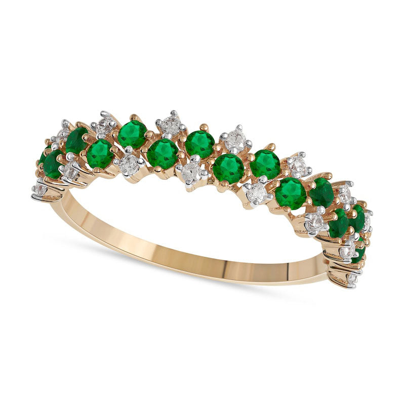 Emerald and 0.17 CT. T.W. Natural Diamond Zig-Zag Double Row Split Shank Ring in Solid 10K Yellow Gold