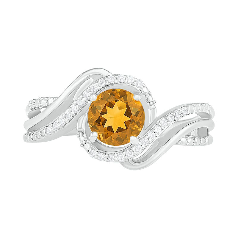 6.0mm Citrine and 0.07 CT. T.W. Natural Diamond Beaded Triple Row Bypass Twist Shank Ring in Sterling Silver