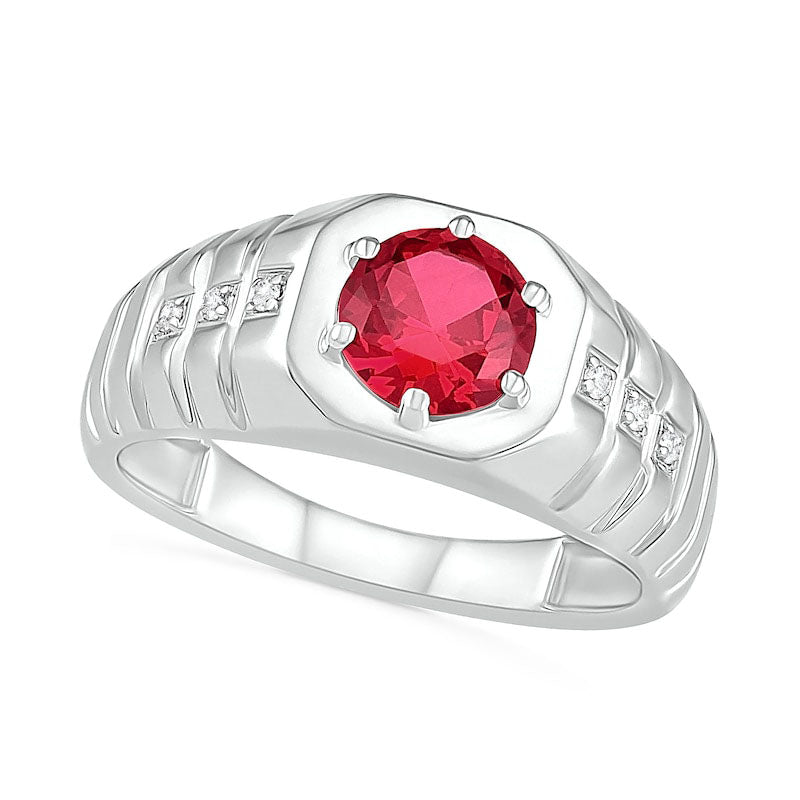 Men's 7.0mm Lab-Created Ruby and 0.05 CT. T.W. Diamond Octagonal-Top Ribbed Shank Ring in Sterling Silver