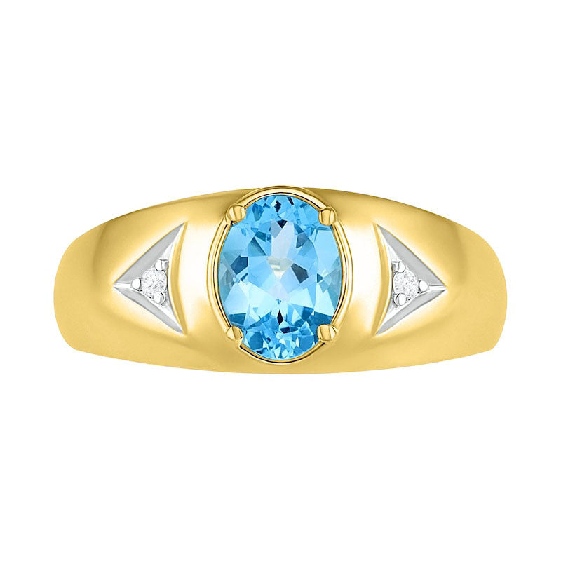 Men's Oval Blue Topaz and Natural Diamond Accent Triangle Side Accent Ring in Solid 10K Yellow Gold
