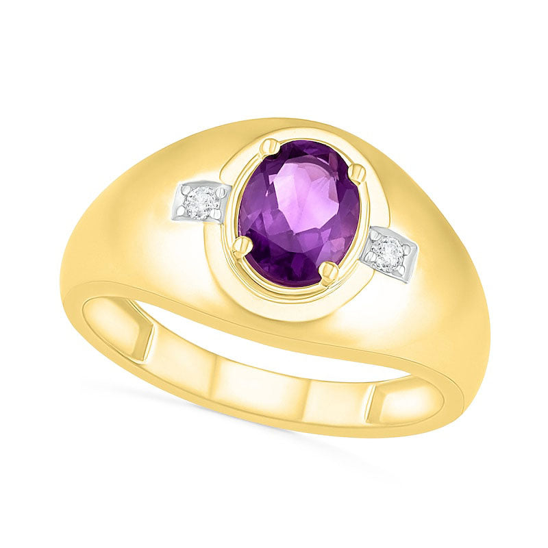 Men's Oval Amethyst and 0.05 CT. T.W. Natural Diamond Side Accent Signet Ring in Solid 10K Yellow Gold