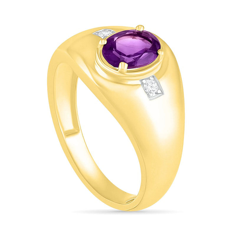 Men's Oval Amethyst and 0.05 CT. T.W. Natural Diamond Side Accent Signet Ring in Solid 10K Yellow Gold
