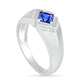 Men's Square-Cut Blue Lab-Created Sapphire and 0.05 CT. T.W. Diamond Chevron Collar Knife Edge Ring in Sterling Silver