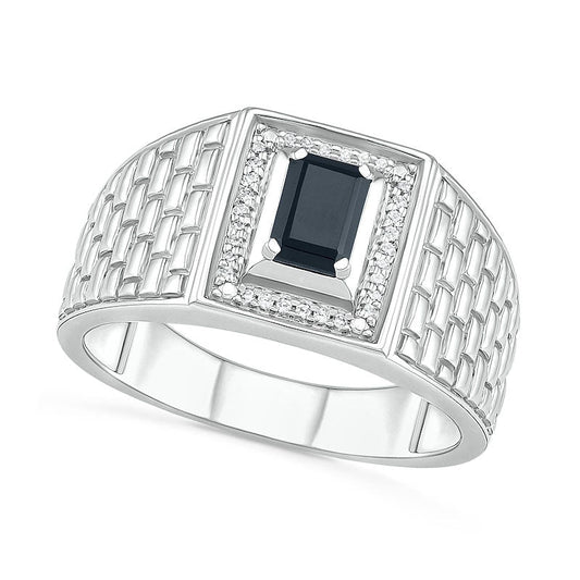 Men's Emerald-Cut Black Lab-Created Spinel and 0.07 CT. T.W. Diamond Frame Brick Pattern Ring in Sterling Silver