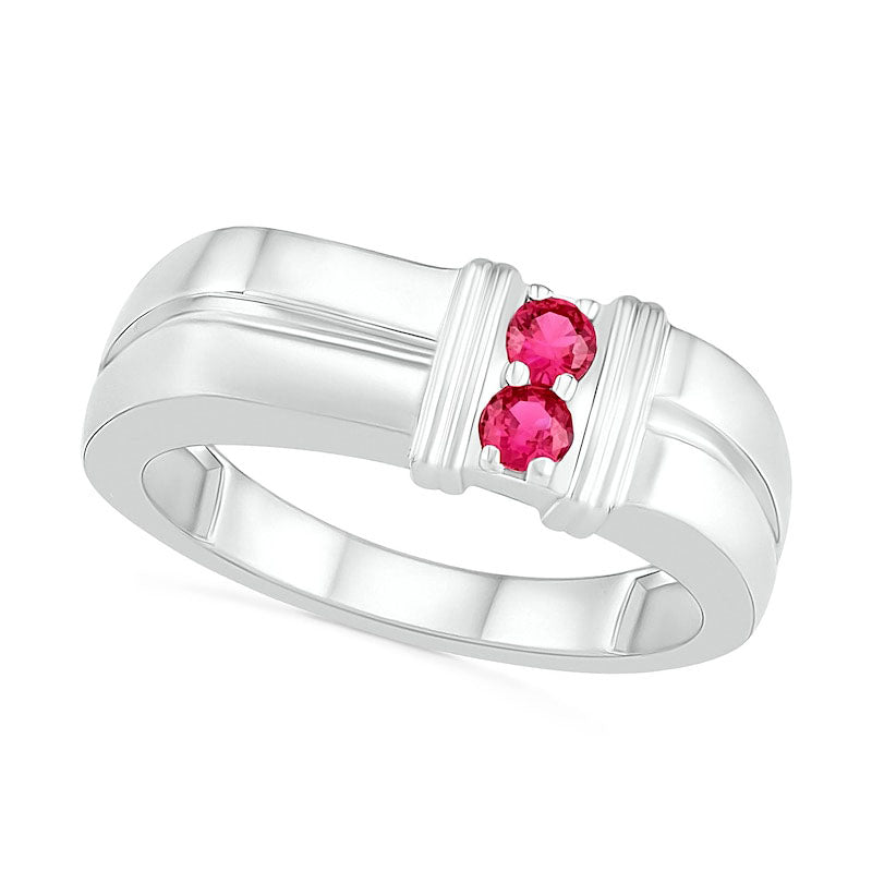 Men's 3.0mm Lab-Created Ruby Duo Collar Double Row Ring in Sterling Silver