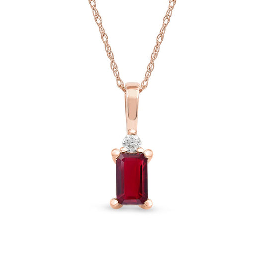 Emerald-Cut Ruby and Natural Diamond Accent Drop Pendant in 10K Rose Gold