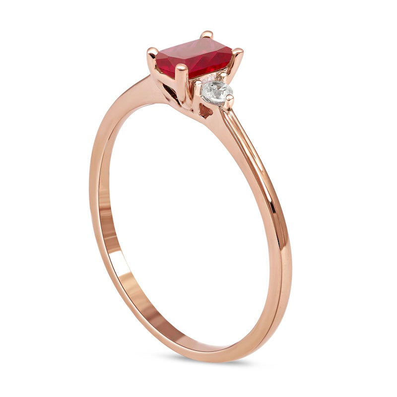 Emerald-Cut Ruby and 0.07 CT. T.W. Natural Diamond Three Stone Grooved Ring in Solid 10K Rose Gold