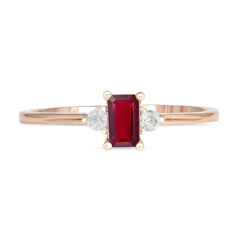 Emerald-Cut Ruby and 0.07 CT. T.W. Natural Diamond Three Stone Grooved Ring in Solid 10K Rose Gold