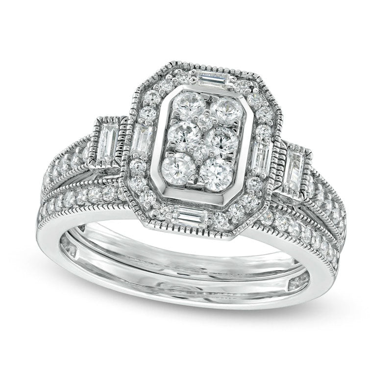 0.75 CT. T.W. Composite Natural Diamond Elongated Octagonal Frame Antique Vintage-Style Bridal Engagement Ring Set in Solid 10K White Gold