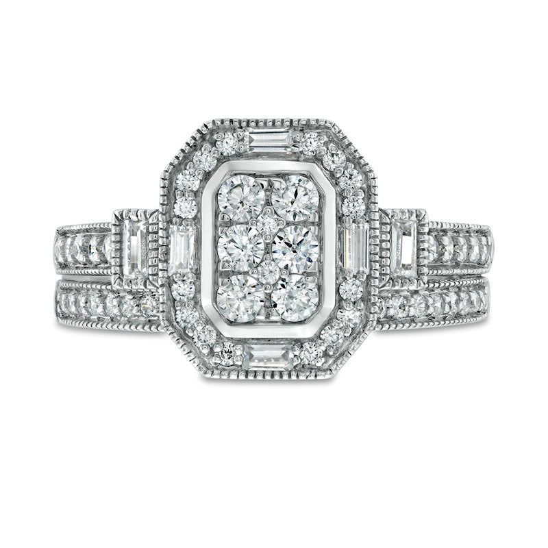 0.75 CT. T.W. Composite Natural Diamond Elongated Octagonal Frame Antique Vintage-Style Bridal Engagement Ring Set in Solid 10K White Gold