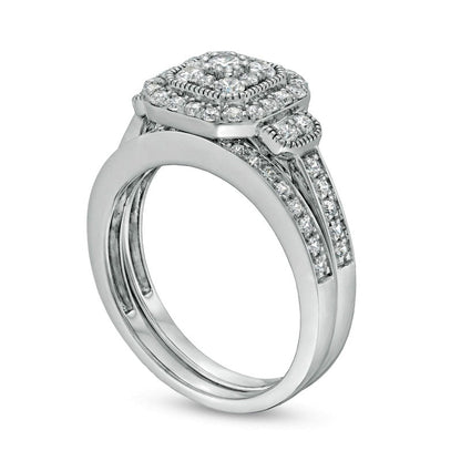 0.75 CT. T.W. Composite Cushion Natural Diamond Frame Antique Vintage-Style Bridal Engagement Ring Set in Solid 10K White Gold