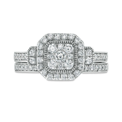 0.75 CT. T.W. Composite Cushion Natural Diamond Frame Antique Vintage-Style Bridal Engagement Ring Set in Solid 10K White Gold