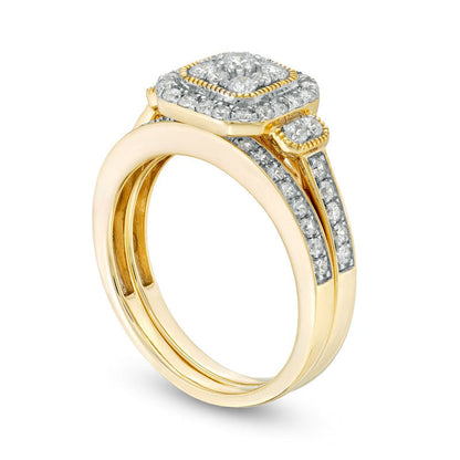 0.75 CT. T.W. Composite Cushion Natural Diamond Frame Antique Vintage-Style Bridal Engagement Ring Set in Solid 10K Yellow Gold