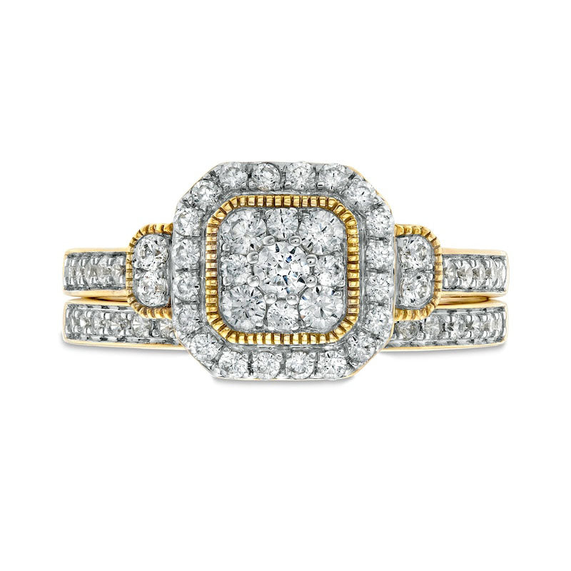0.75 CT. T.W. Composite Cushion Natural Diamond Frame Antique Vintage-Style Bridal Engagement Ring Set in Solid 10K Yellow Gold