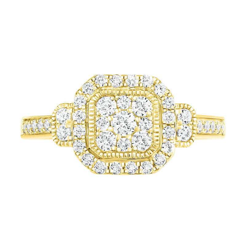 0.75 CT. T.W. Composite Cushion Natural Diamond Frame Antique Vintage-Style Bridal Engagement Ring Set in Solid 10K Yellow Gold