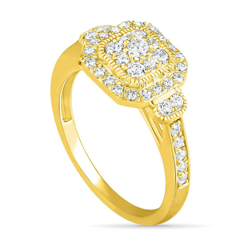 0.75 CT. T.W. Composite Cushion Natural Diamond Frame Antique Vintage-Style Bridal Engagement Ring Set in Solid 10K Yellow Gold
