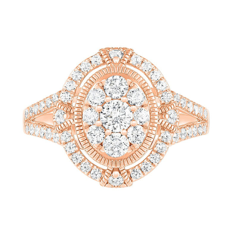 1.0 CT. T.W. Composite Oval Natural Diamond Split Shank Antique Vintage-Style Bridal Engagement Ring Set in Solid 10K Rose Gold