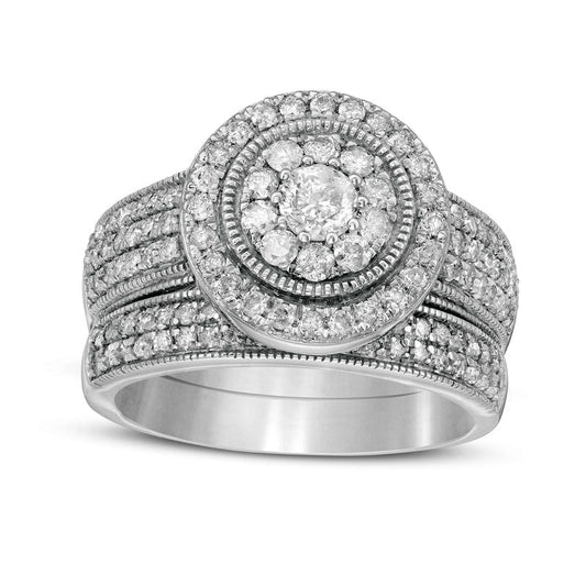 1.33 CT. T.W. Natural Diamond Double Frame Antique Vintage-Style Multi-Row Bridal Engagement Ring Set in Solid 10K White Gold