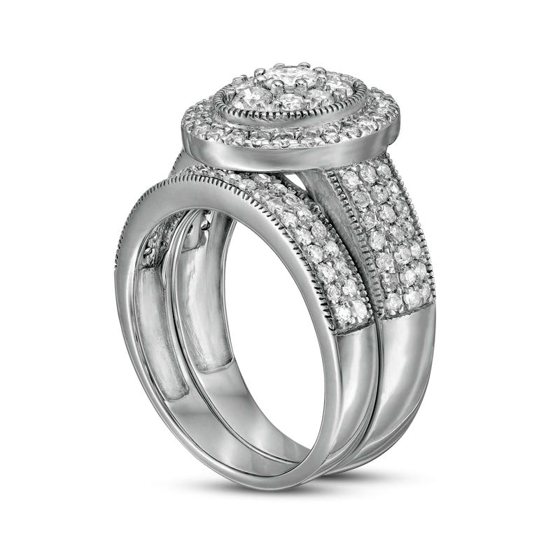 1.33 CT. T.W. Composite Oval Natural Diamond Frame Antique Vintage-Style Multi-Row Bridal Engagement Ring Set in Solid 10K White Gold