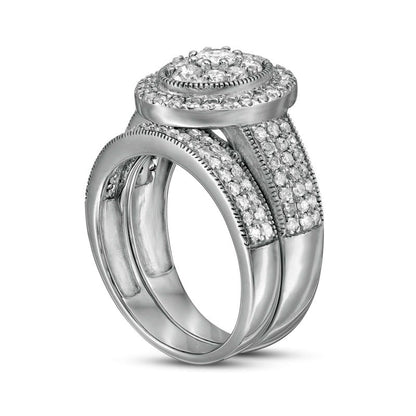 1.33 CT. T.W. Composite Oval Natural Diamond Frame Antique Vintage-Style Multi-Row Bridal Engagement Ring Set in Solid 10K White Gold