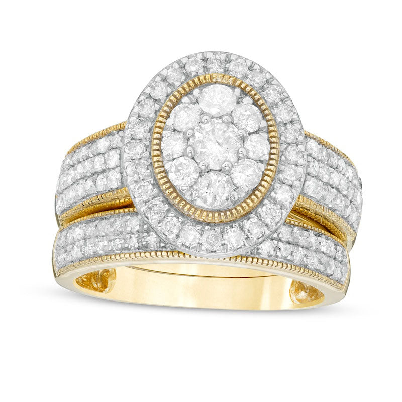 1.33 CT. T.W. Composite Oval Natural Diamond Frame Antique Vintage-Style Multi-Row Bridal Engagement Ring Set in Solid 10K Yellow Gold