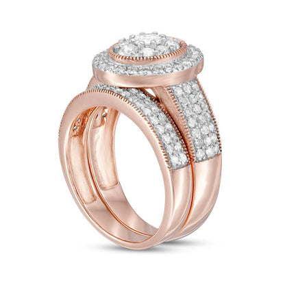1.33 CT. T.W. Composite Oval Natural Diamond Frame Antique Vintage-Style Multi-Row Bridal Engagement Ring Set in Solid 10K Rose Gold