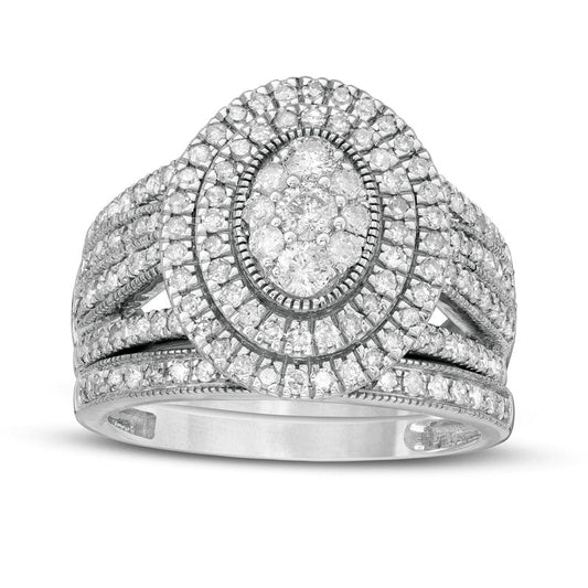 1.25 CT. T.W. Composite Oval Natural Diamond Double Frame Antique Vintage-Style Multi-Row Bridal Engagement Ring Set in Solid 10K White Gold