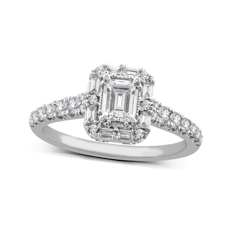 1.0 CT. T.W. Emerald-Cut Natural Diamond Frame Antique Vintage-Style Engagement Ring in Solid 14K White Gold