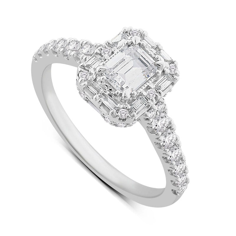 1.0 CT. T.W. Emerald-Cut Natural Diamond Frame Antique Vintage-Style Engagement Ring in Solid 14K White Gold