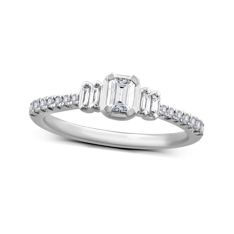 0.50 CT. T.W. Emerald-Cut Natural Diamond Collar Engagement Ring in Solid 14K White Gold