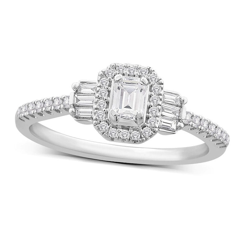 0.50 CT. T.W. Emerald-Cut Natural Diamond Frame with Collar Engagement Ring in Solid 14K White Gold
