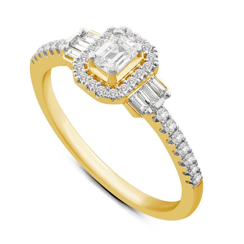 0.50 CT. T.W. Emerald-Cut Natural Diamond Frame with Collar Engagement Ring in Solid 14K Gold